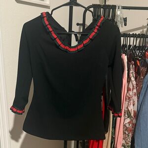 Black Women’s Ruffle-Trim Boatneck Top with Red/Green Accent